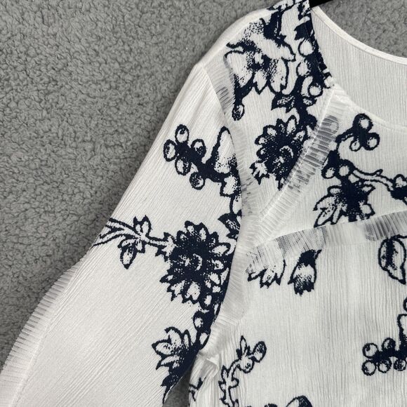 VTG  America Blues White Blue Floral Blouse XL Crinkle Texture Boho Tunic Top - Picture 6 of 12